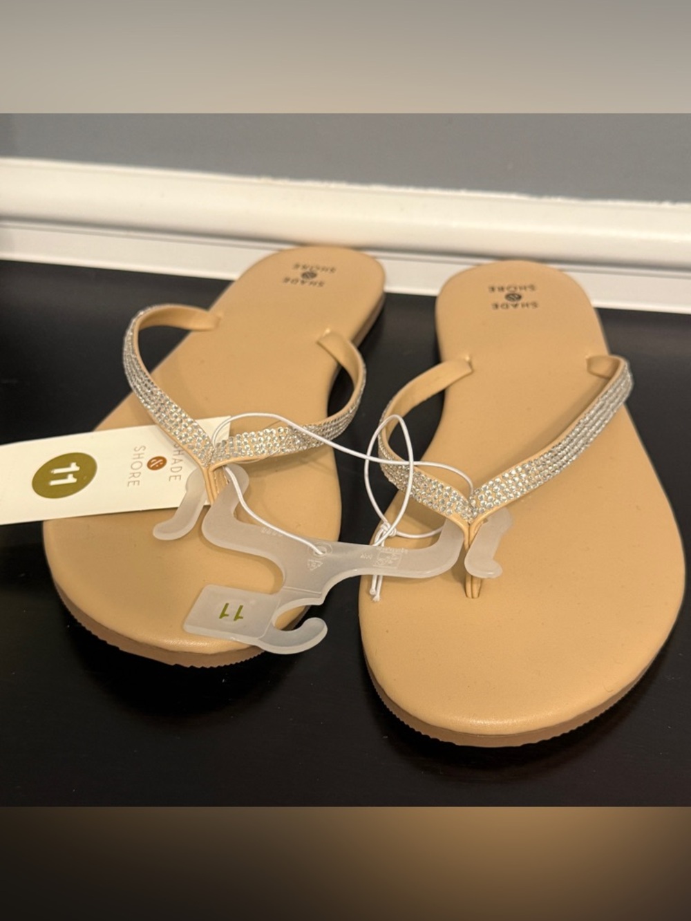 Shade & Shore Tan Flip Flop Sandals with Rhinestone Straps